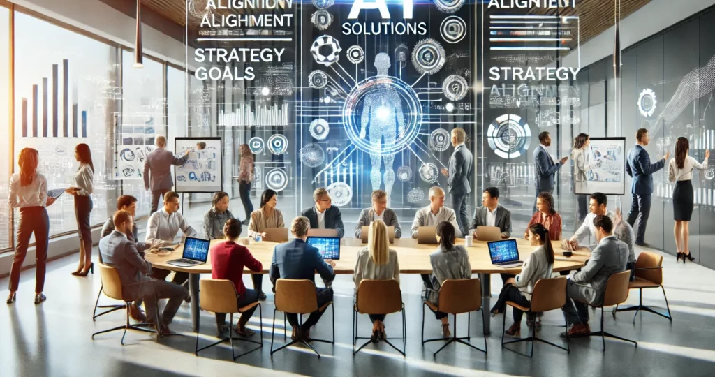 KI-generiertes Bild eines modernen Büros, in dem eine diverse Gruppe von Personen an einer Diskussion an einem Tisch beteiligt sind.