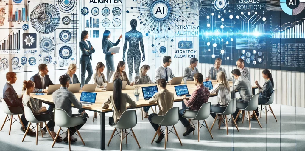 KI-generiertes Bild von Kollegen und Kolleginnen an einem großen Tisch in einem modernen Büro.