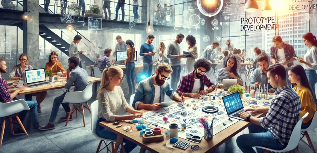 KI-generiertes Bild eines diversen Teams, die zusammen an einem Prototypen-Projekt arbeiten. Sie befinden sich in einem modernen, lichtdurchfluteten Bürokomplex.